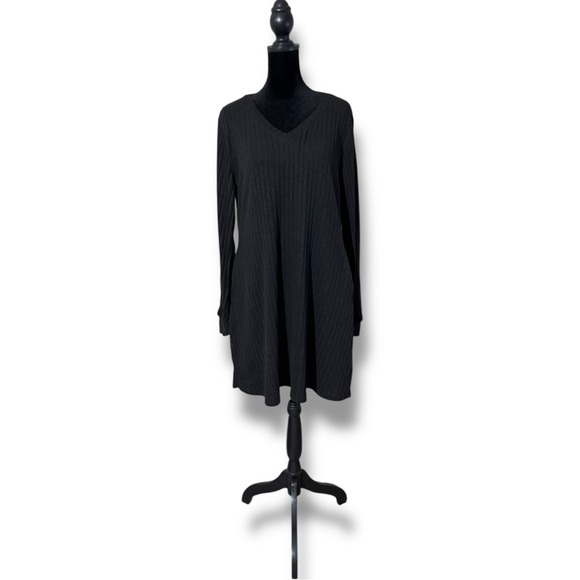 Sampeel Gray A-Line V-Neck Rib Knit Long Sleeve Sweater Dress with Pockets - Picture 5 of 16